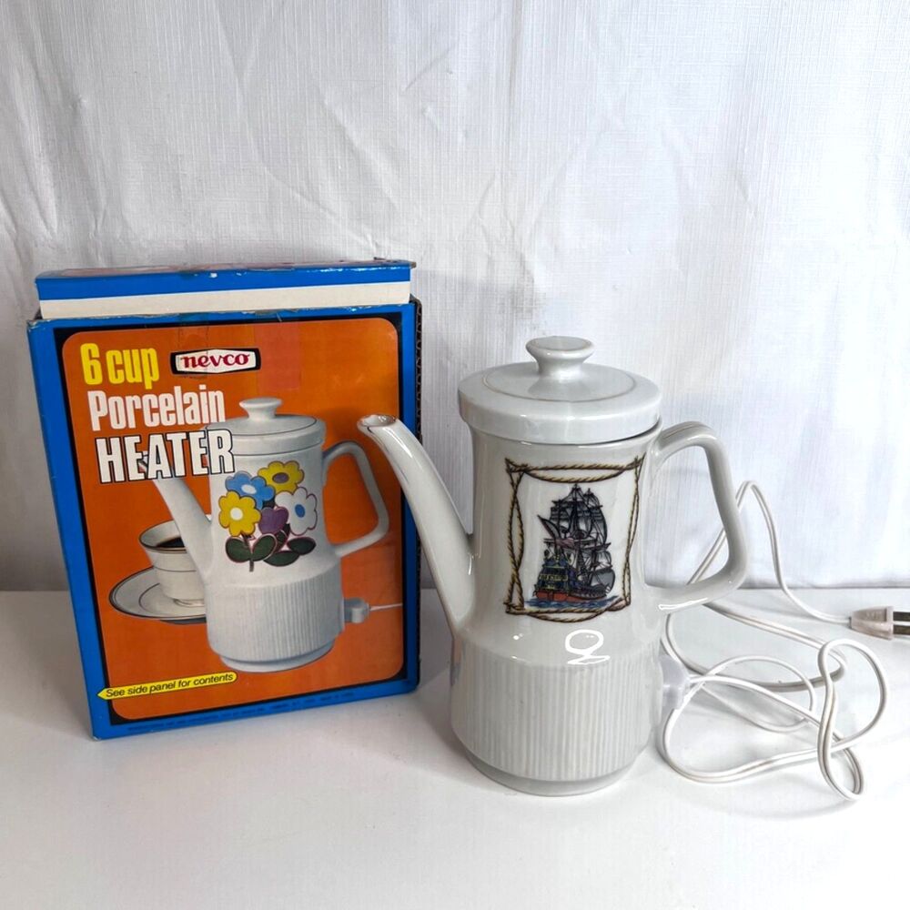 VTG NEW 1972 Nevco 6 Cup Porcelain Electric Heater Water Coffee Nautical Ship